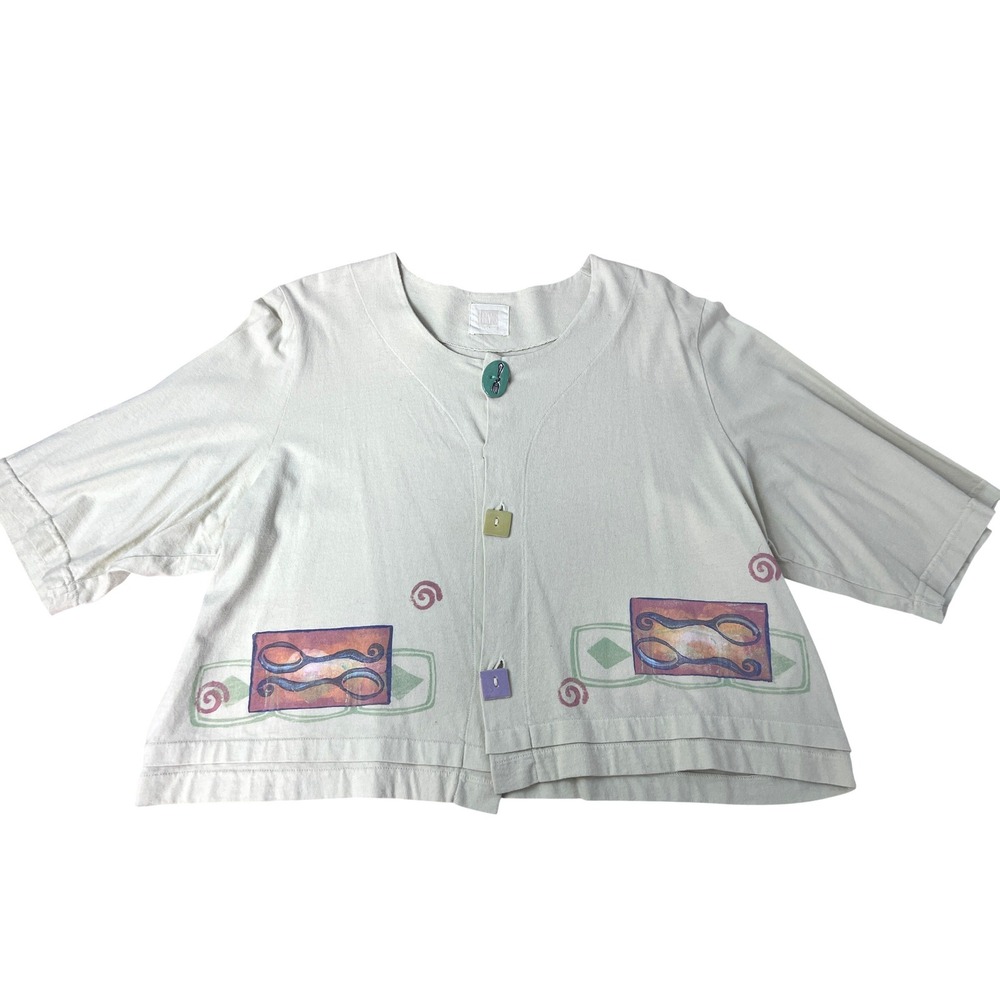 Blue Fish Clothing Button Front Top One Size Pale Yellow Excellent Hand Printed
